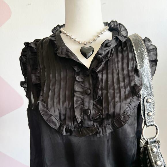 Black Ruffle Front Satin Tank Top Victorian Y2K 2000s Gothic Grunge Large - Picture 2 of 7